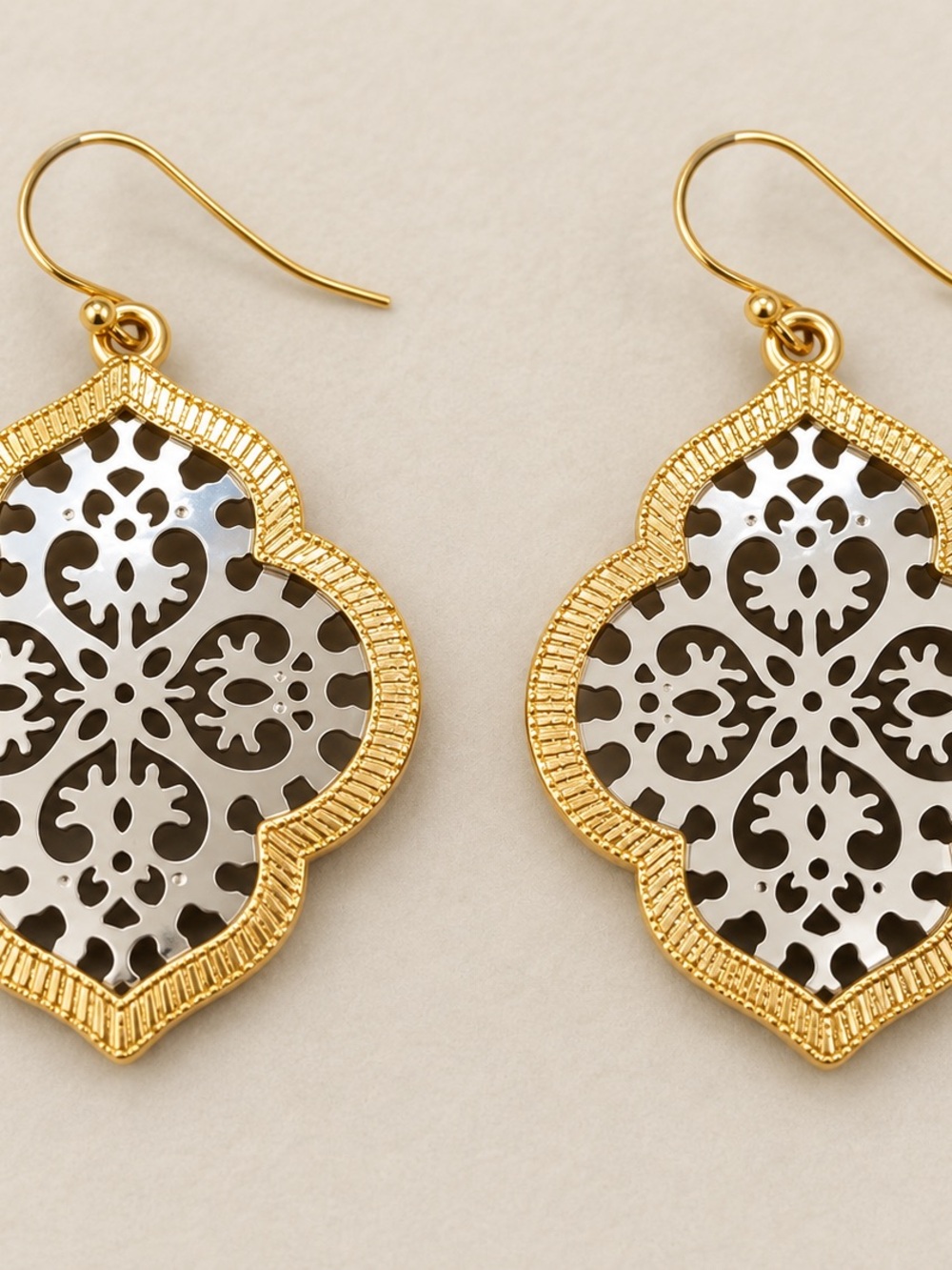 Gold & Silver Tone Filigree Quatrefoil Dangle Drop Earrings Boho Statement